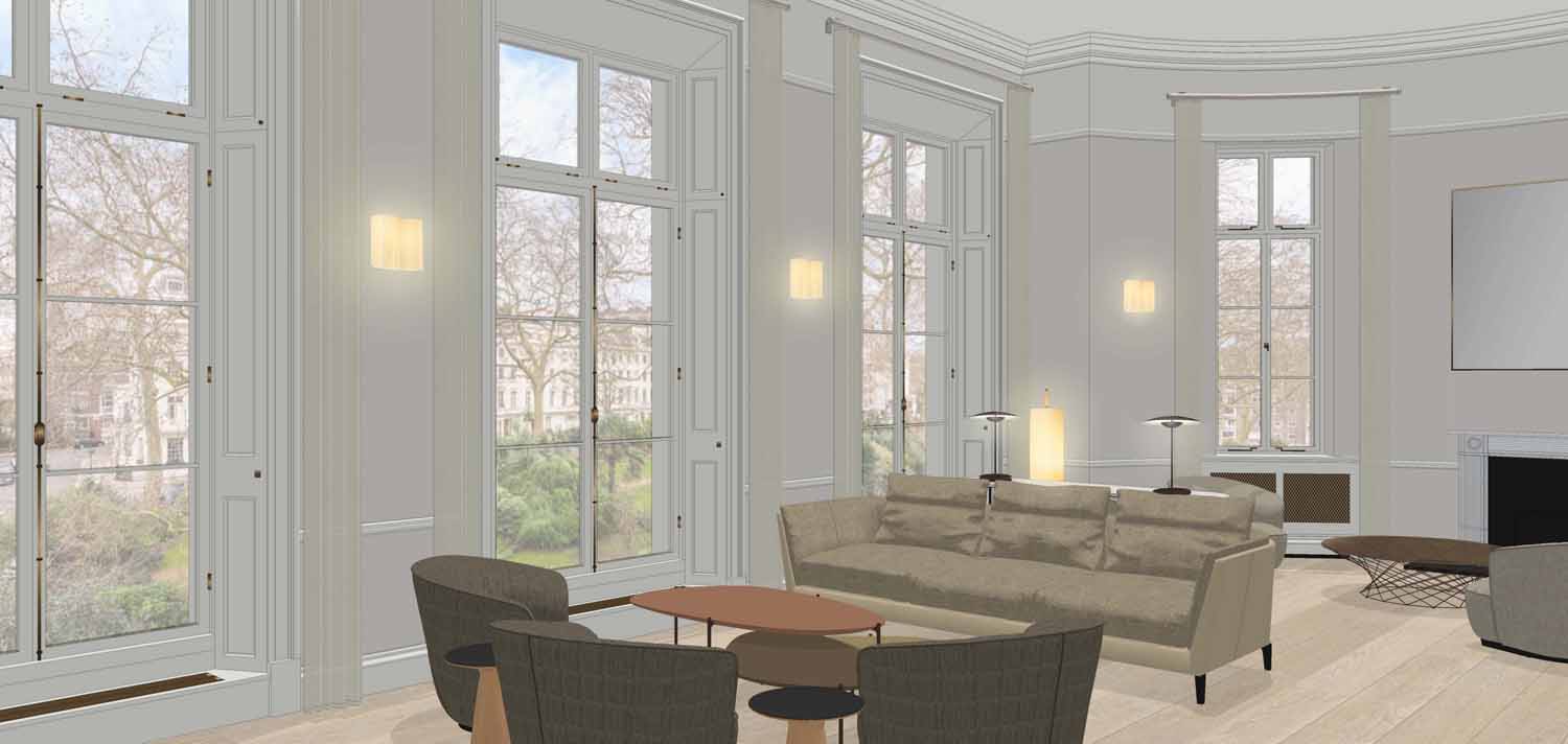 Hyde Park living room sofa, table and chairs in front of very large windows<br />
